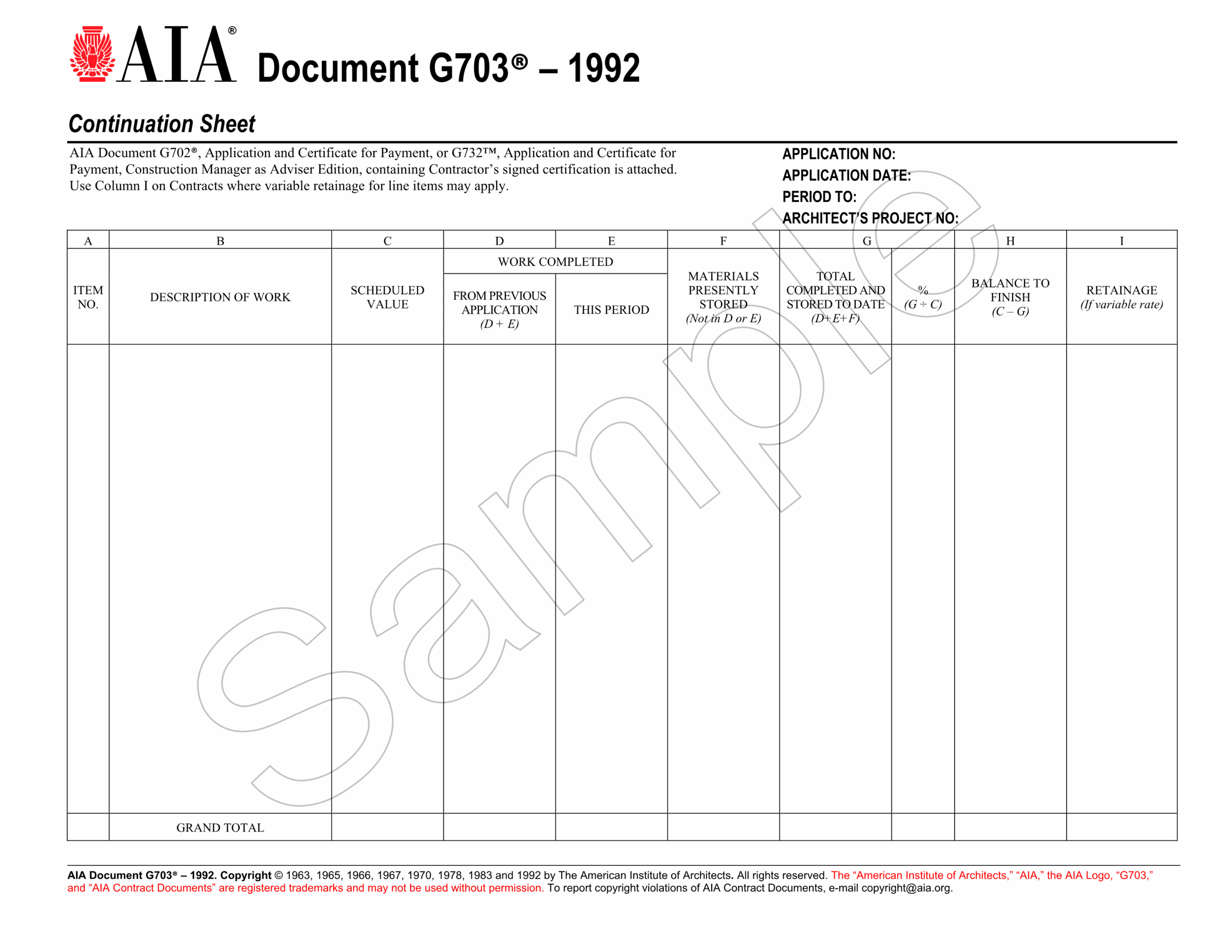 AIA G703 1992 Continuation Sheet For G702 1992 50 Pack Construction Book Express