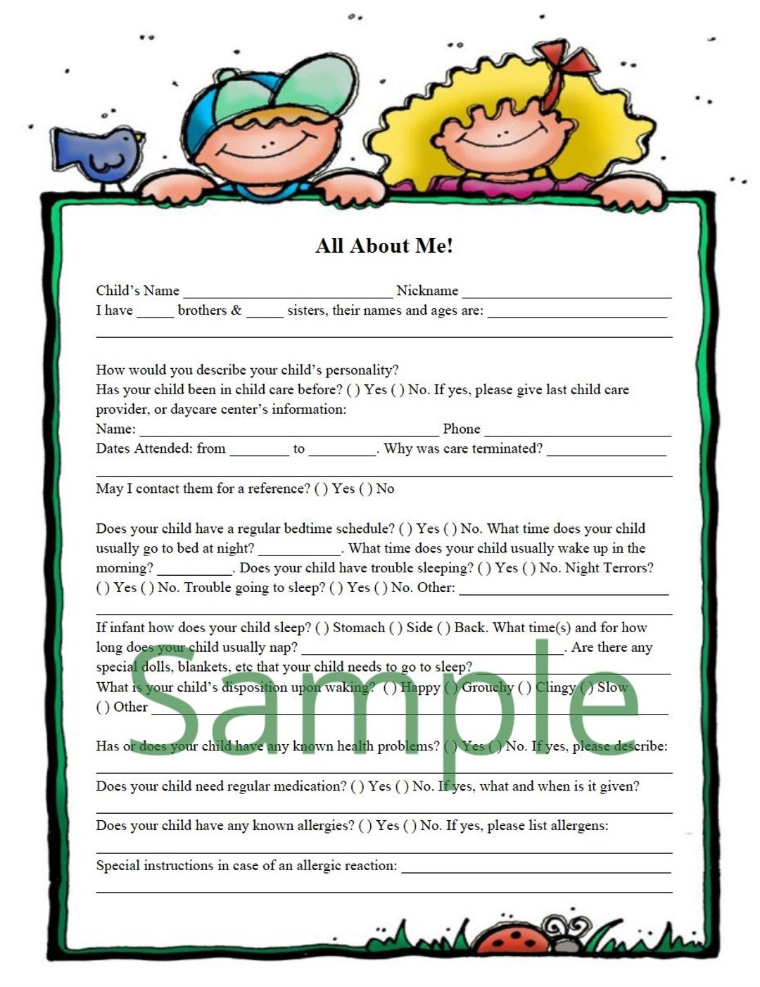 All About Me Daycare Questionnaire Fully Editable Child Care Form PDF MS Word Text File U0026 Template Png Download Save Print Today Etsy Australia