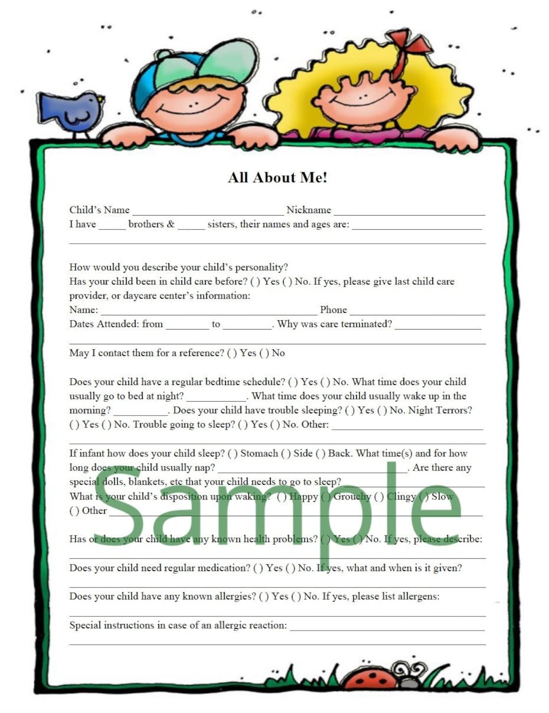 All About Me Daycare Questionnaire Fully Editable Child Care Form PDF MS Word Text File U0026 Template Png Download Save Print Today Etsy