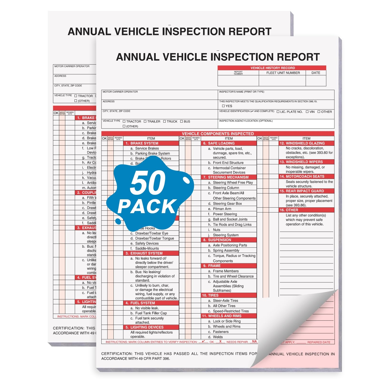 Amazon 50 Pack Annual Vehicle Inspection Report Form Detailed Driver s Vehicle Inspection Report 8 5
