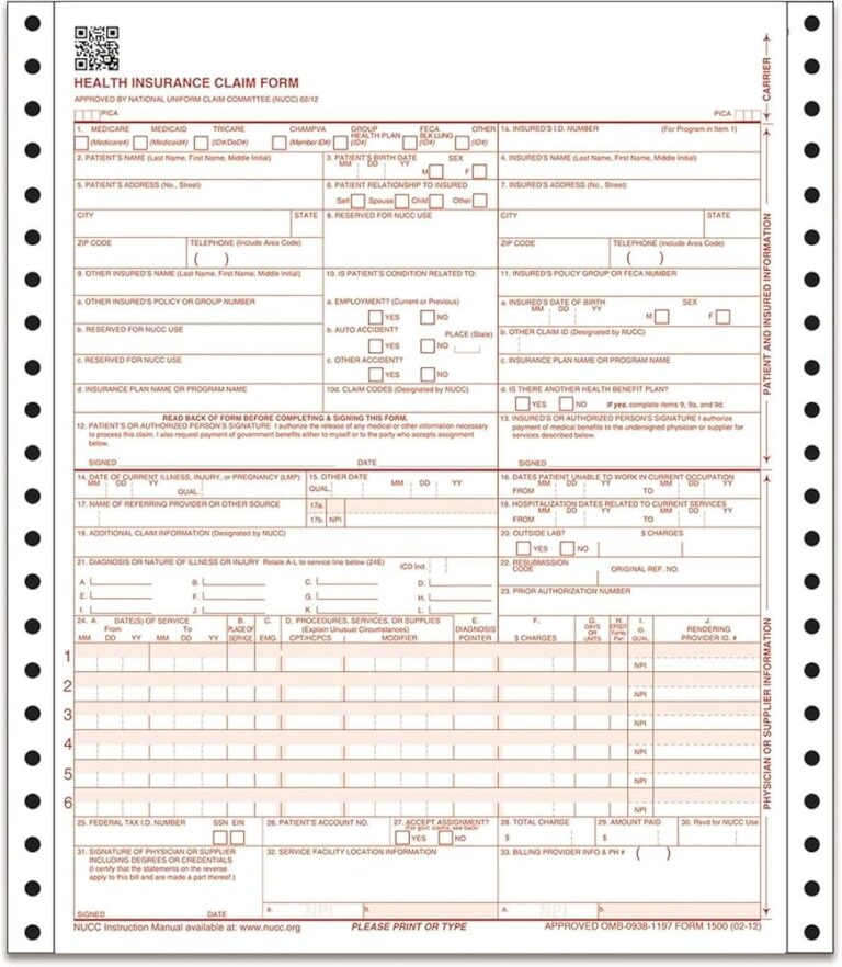 Amazon CMS 1500 Health Insurance Claim Forms 1 Part Continuous 9 5 X 11 Inches 500 Forms Office Products