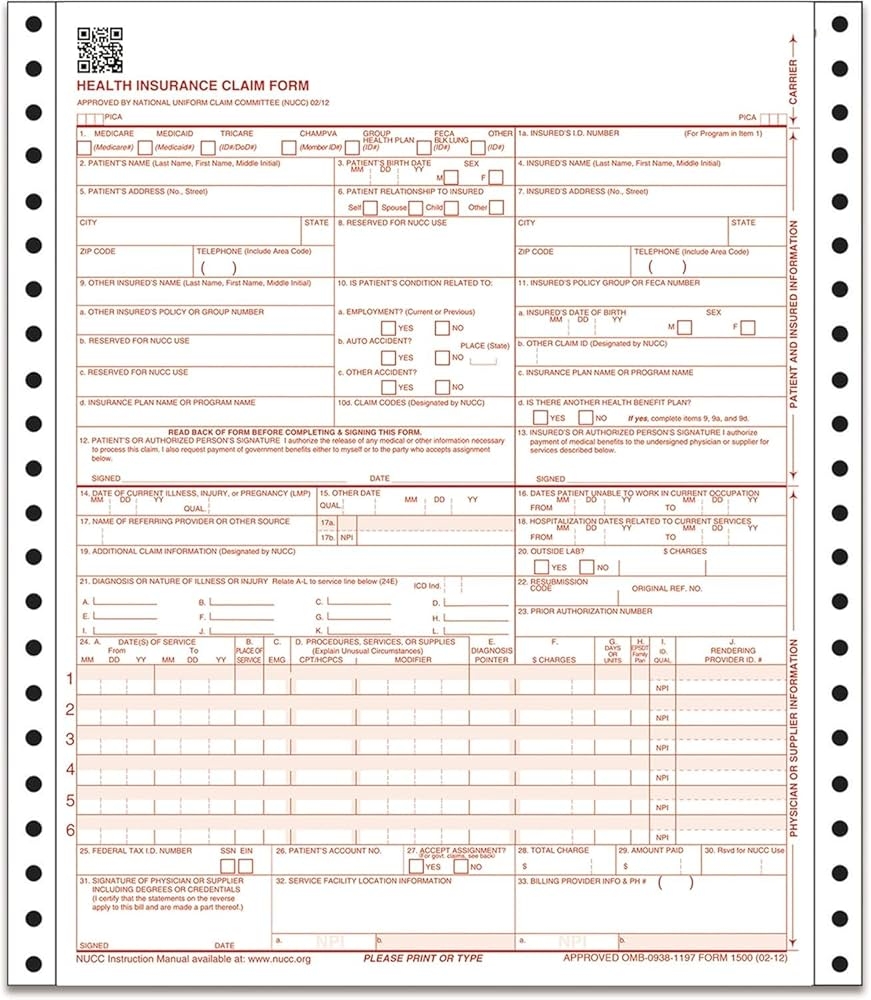Amazon CMS 1500 Health Insurance Claim Forms 1 Part Continuous 9 5 X 11 Inches 500 Forms Office Products