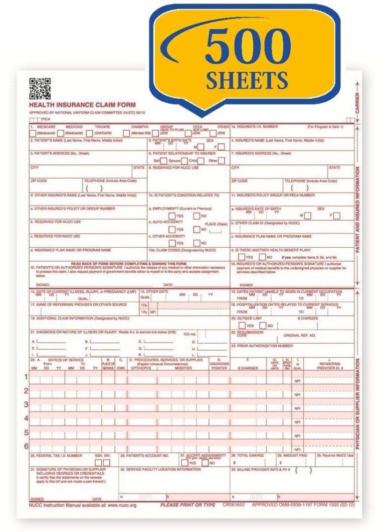 Amazon Compuchecks New Cms 1500 Claim Forms Hcfa Version 02 12 500 Sheets 7106 Office Products