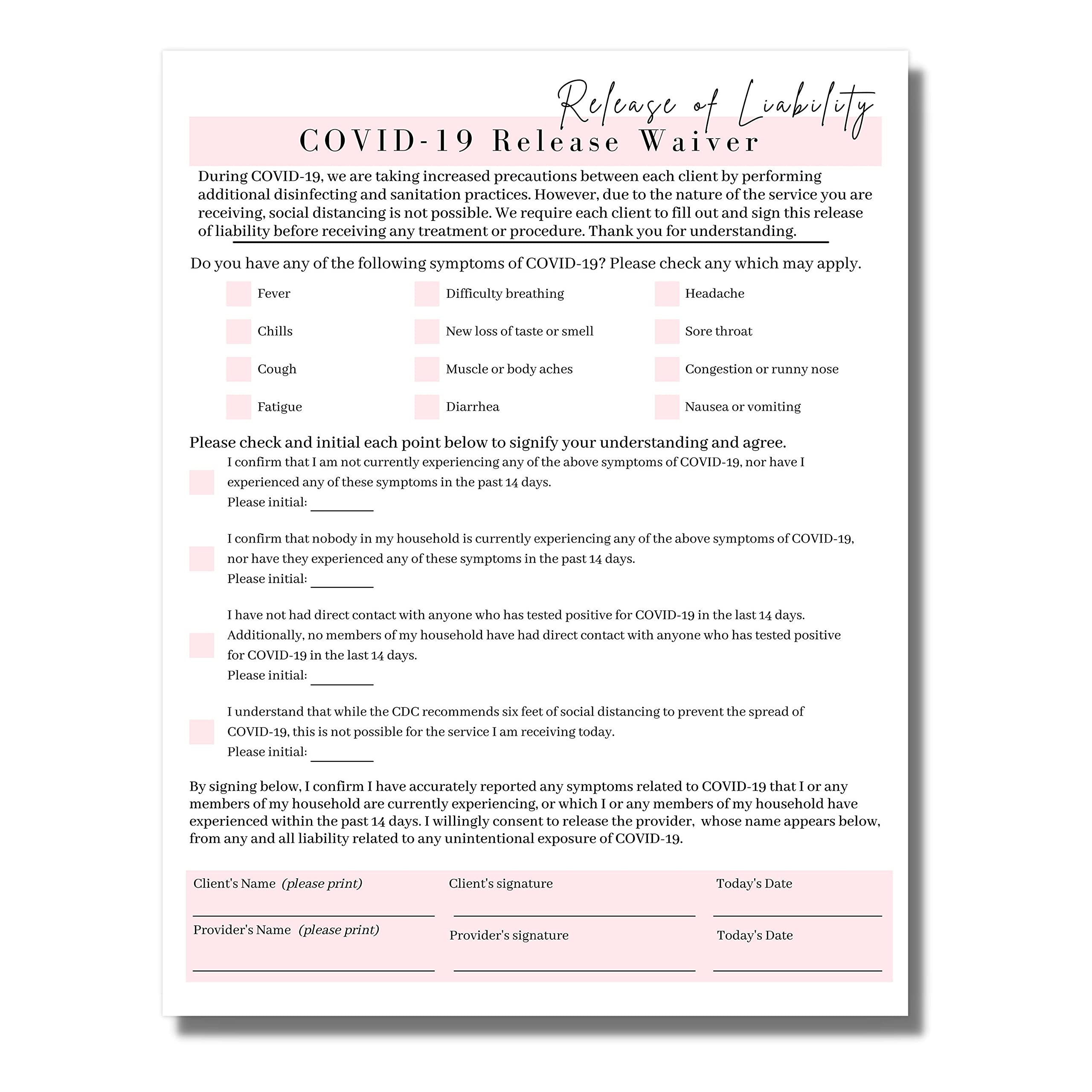 Amazon Covid 19 Release Of Liability Forms 50 Pack 8 5x11