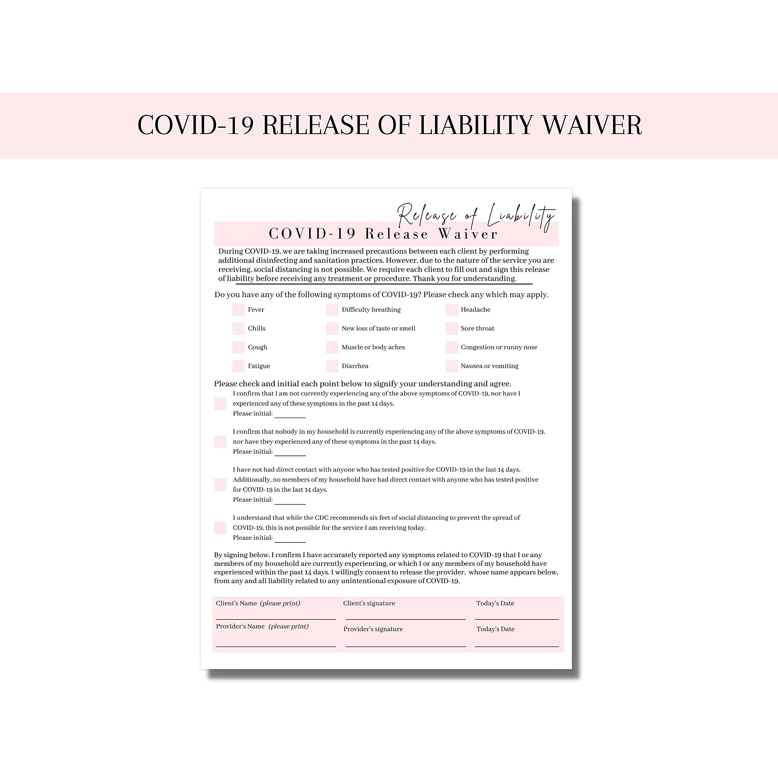 Amazon Covid 19 Release Of Liability Forms 50 Pack 8 5x11