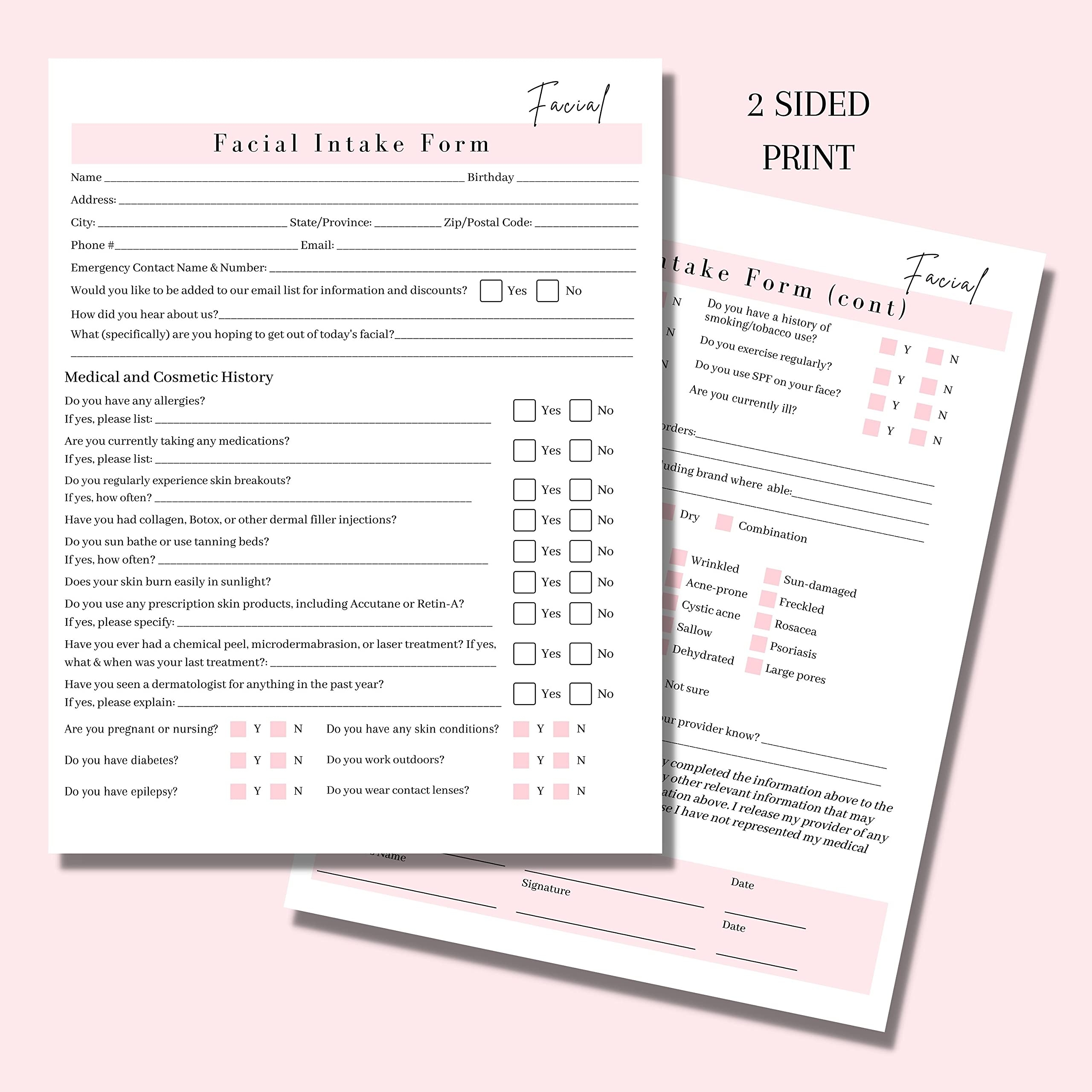 Amazon Facial Consent Form Intake Form Aftercare Form 75 Pack 8 5x11