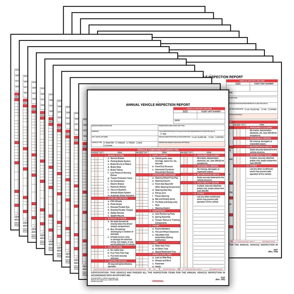 Amazon J J Keller 20 Pack Annual Vehicle Inspection Report Forms 2 Ply Carbonless Form DOT Compliant Office Products