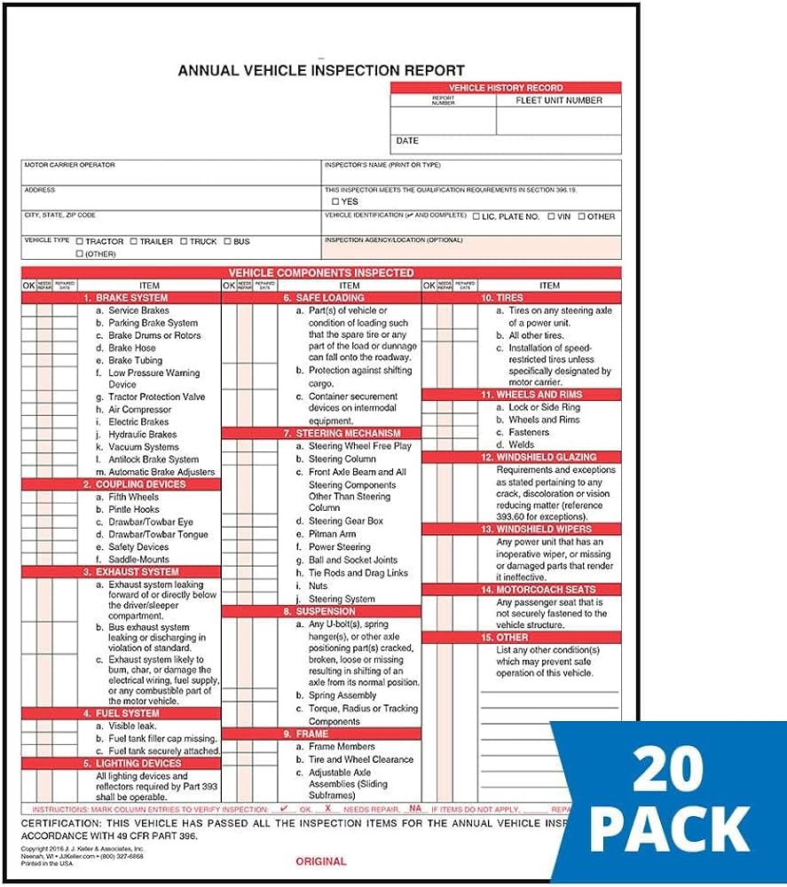 Amazon J J Keller 20 Pack Annual Vehicle Inspection Report Forms 2 Ply Carbonless Form DOT Compliant Office Products