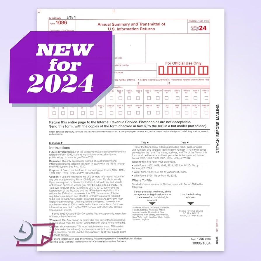 Amazon NextDayLabels 1096 Transmittal 2024 Tax Forms For Laser Or Inkjet Printers Quickbooks And Other Accounting Software Compatible Pack 