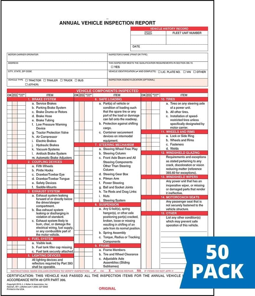 Annual Vehicle Inspection Report Form 50 pk Snap Out Format 3 Ply Carbonless 8 5