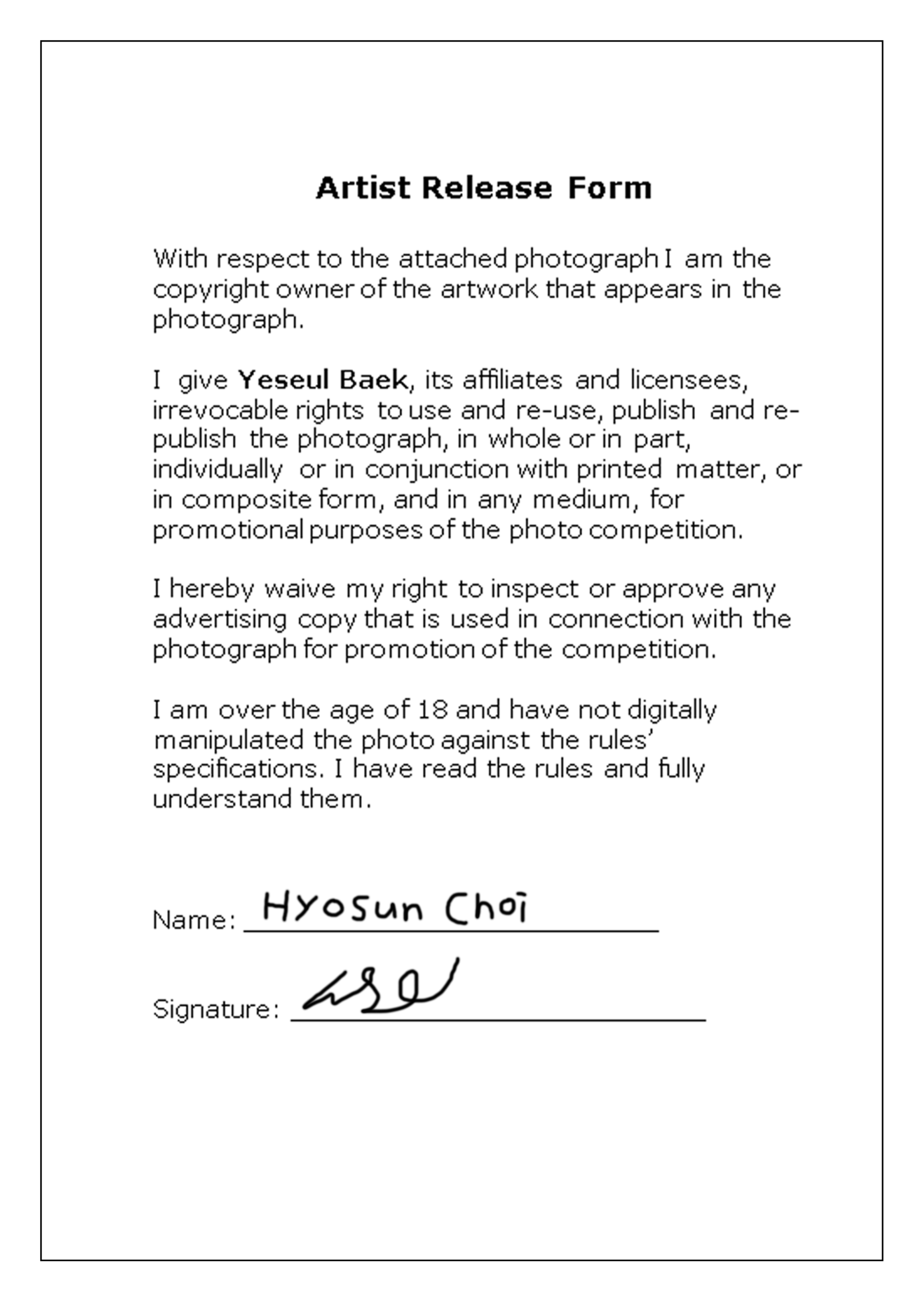 Artist Release Form Mirimstudent18