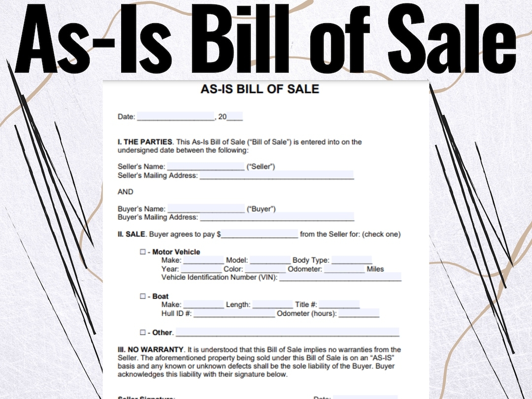 As is Bill Of Sale As is Bill Of Sale Forms As is Bill Of Sale Template As is no Warranty Bill Of Sale Template Etsy