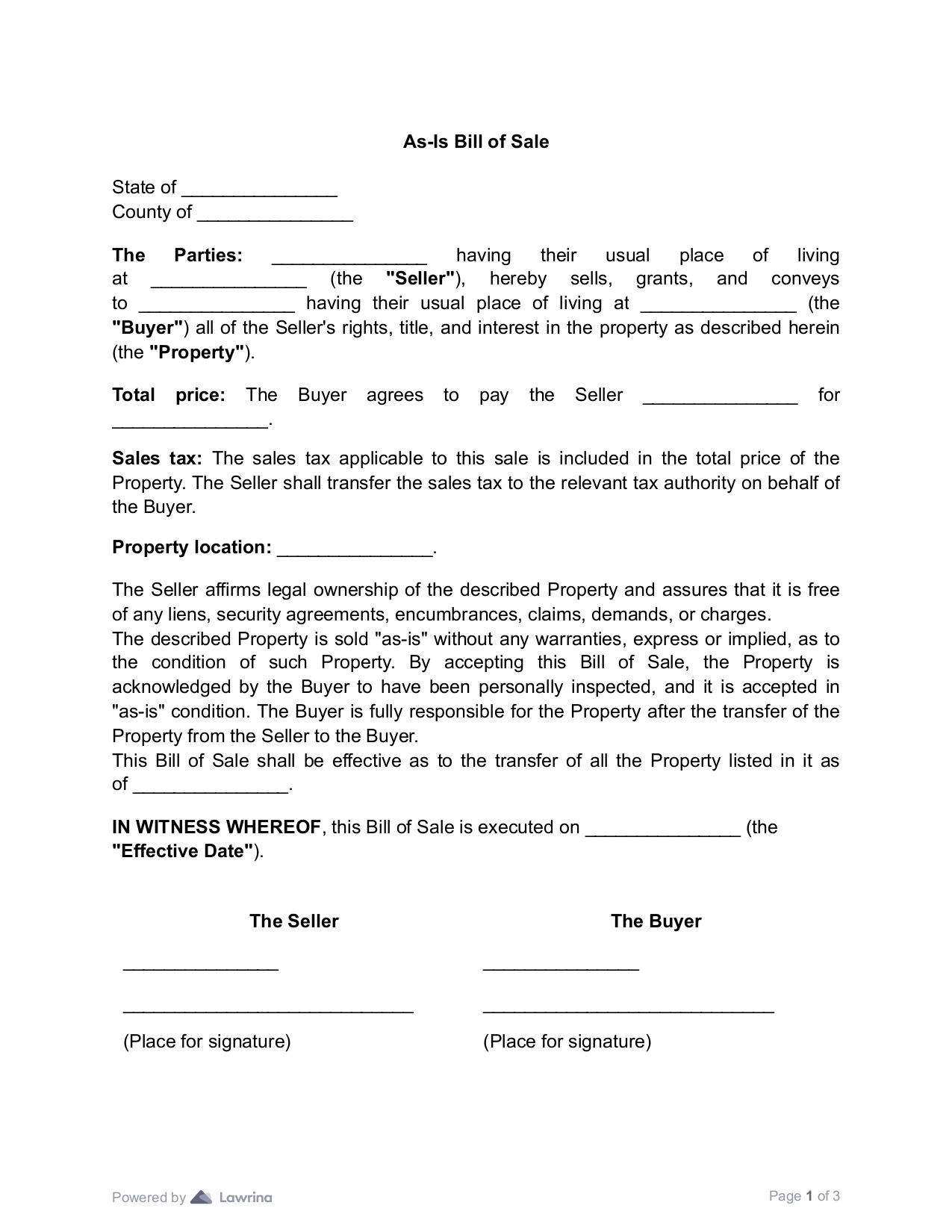 As Is Bill Of Sale Form Create U0026 Download PDF Lawrina