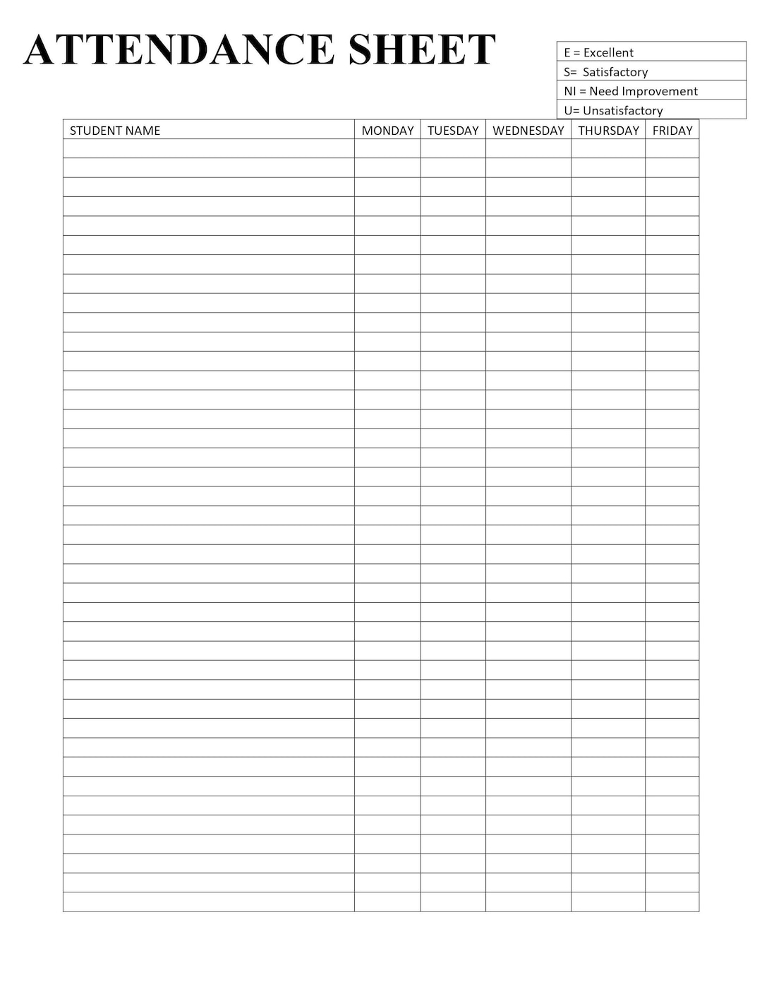 Attendance Sheet Printable Form Digital File Instant Download Editable Etsy