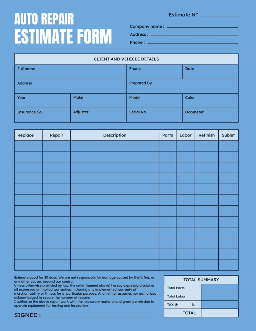 Auto Repair Estimate Form Book Easy Form For Body Shop 70 Forms On One Side M Richard Amazon Books