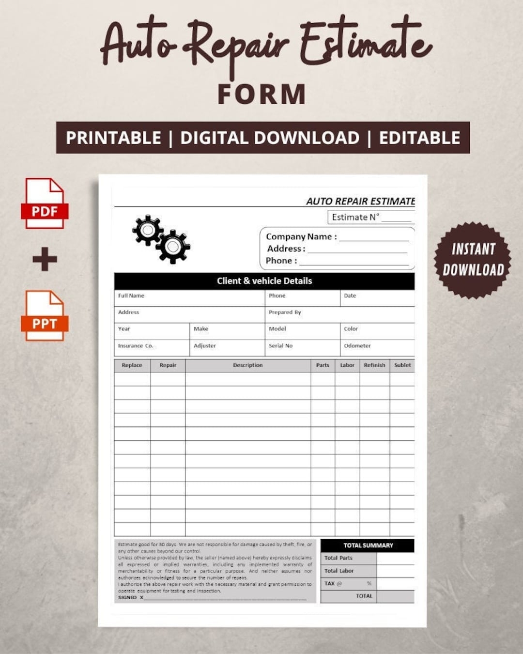 Auto Repair Estimate Form Printable Auto Repair Estimate Template Job Estimate Spreadsheet Personalized Auto Mechanic Work Order Etsy