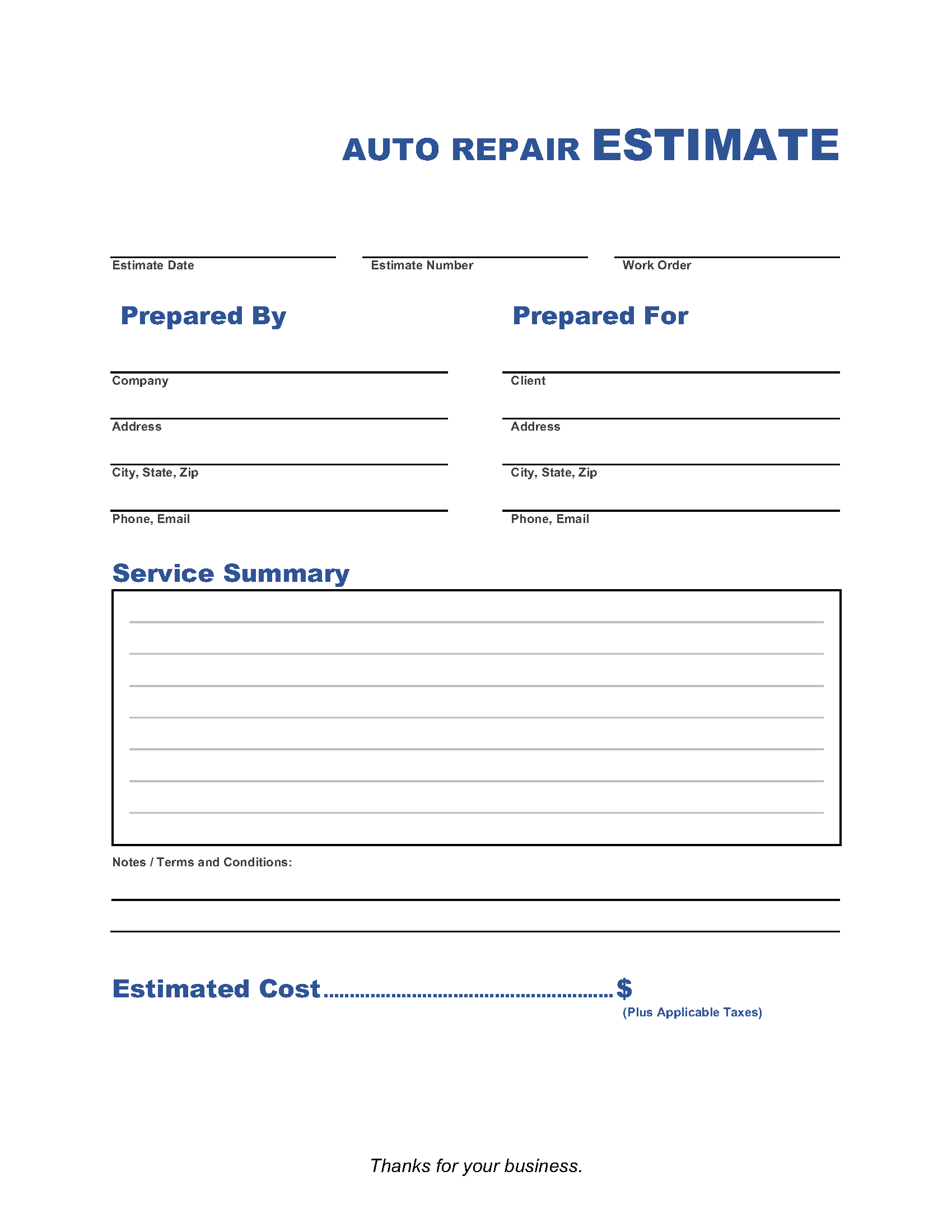 Free Printable Auto Body Estimate Forms