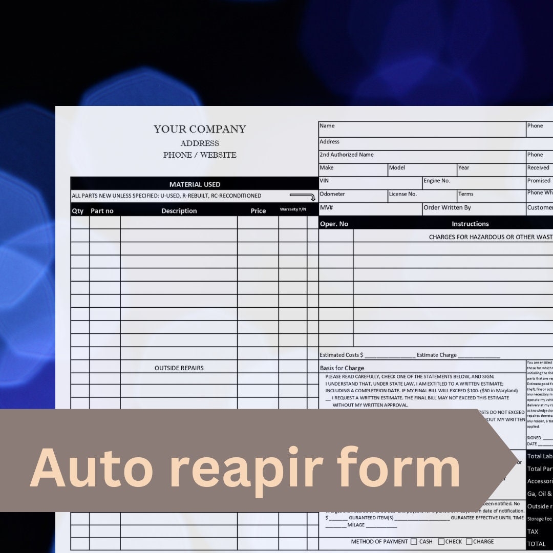 Auto Repair Form Template Auto Repair Service Form Printable Editable Instant Download Auto Shop Invoice Excel Etsy