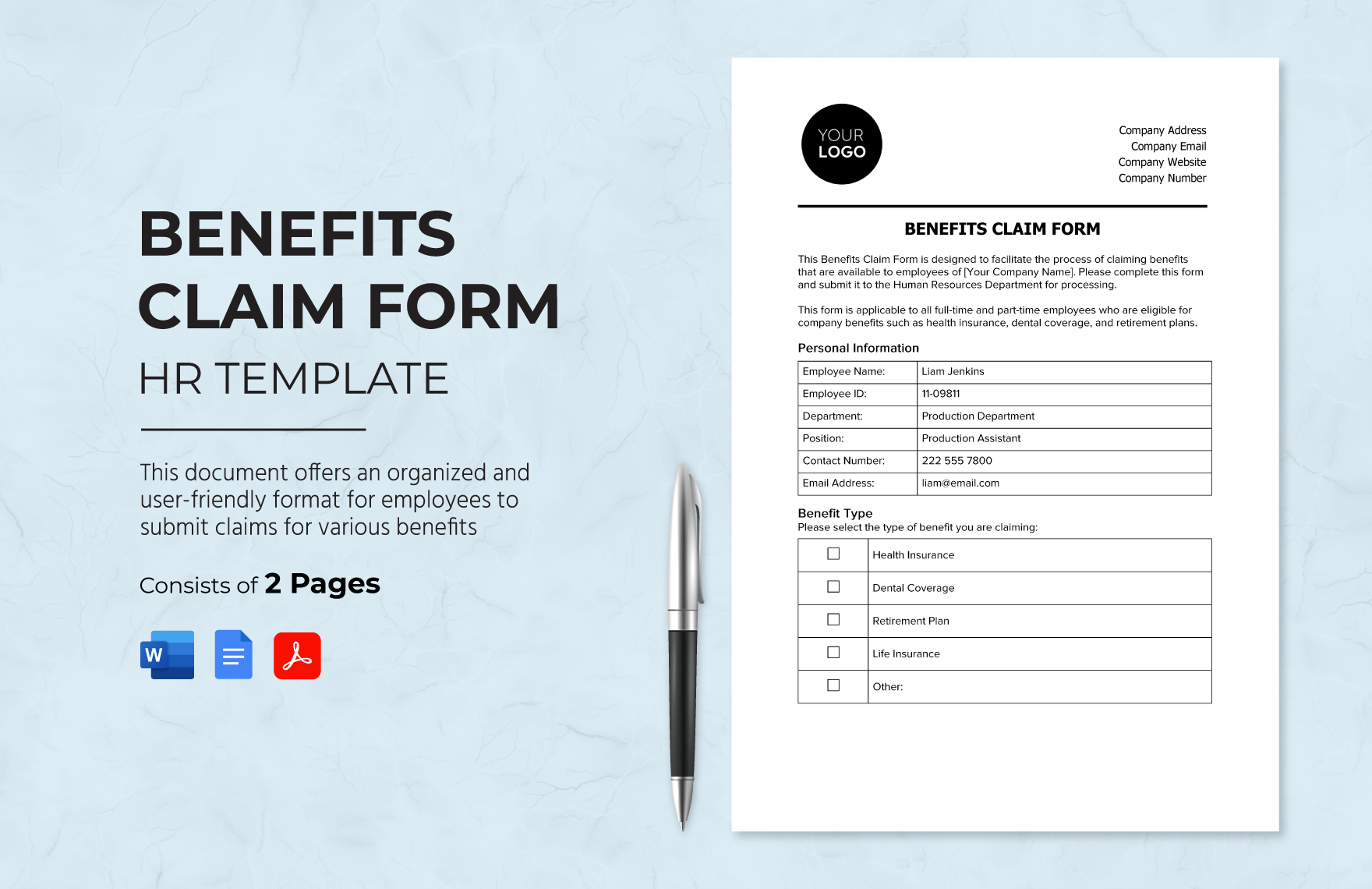 Benefits Claim Form HR Template In Word PDF Google Docs Download Template