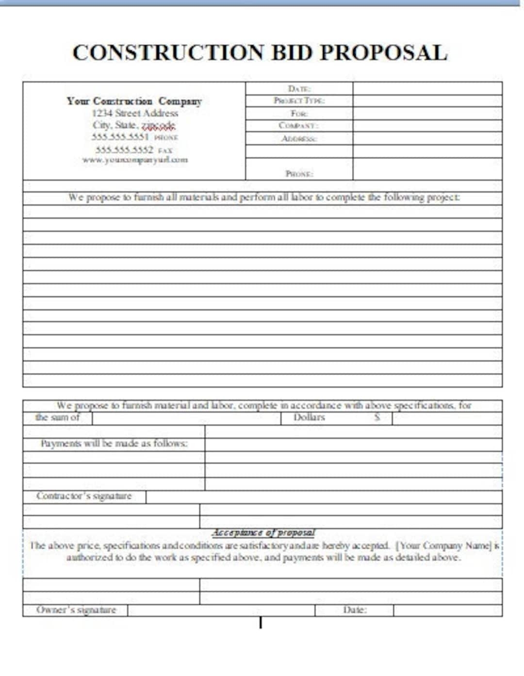 Bid Contruction Proposal Templates PRINTABLE FORM 8 5 By 11 Letter Document Etsy Australia
