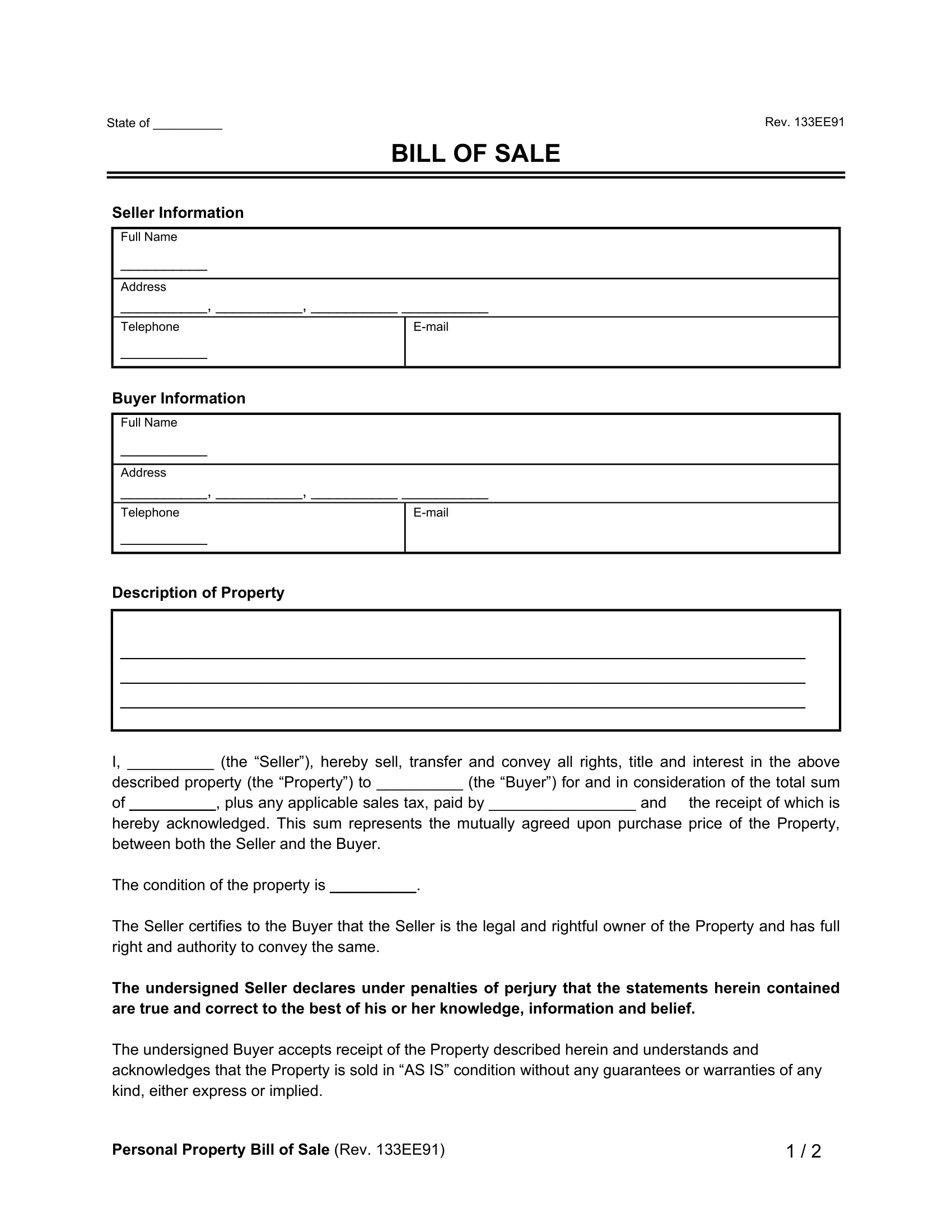 Auto Bill Of Sale Form Free Printable