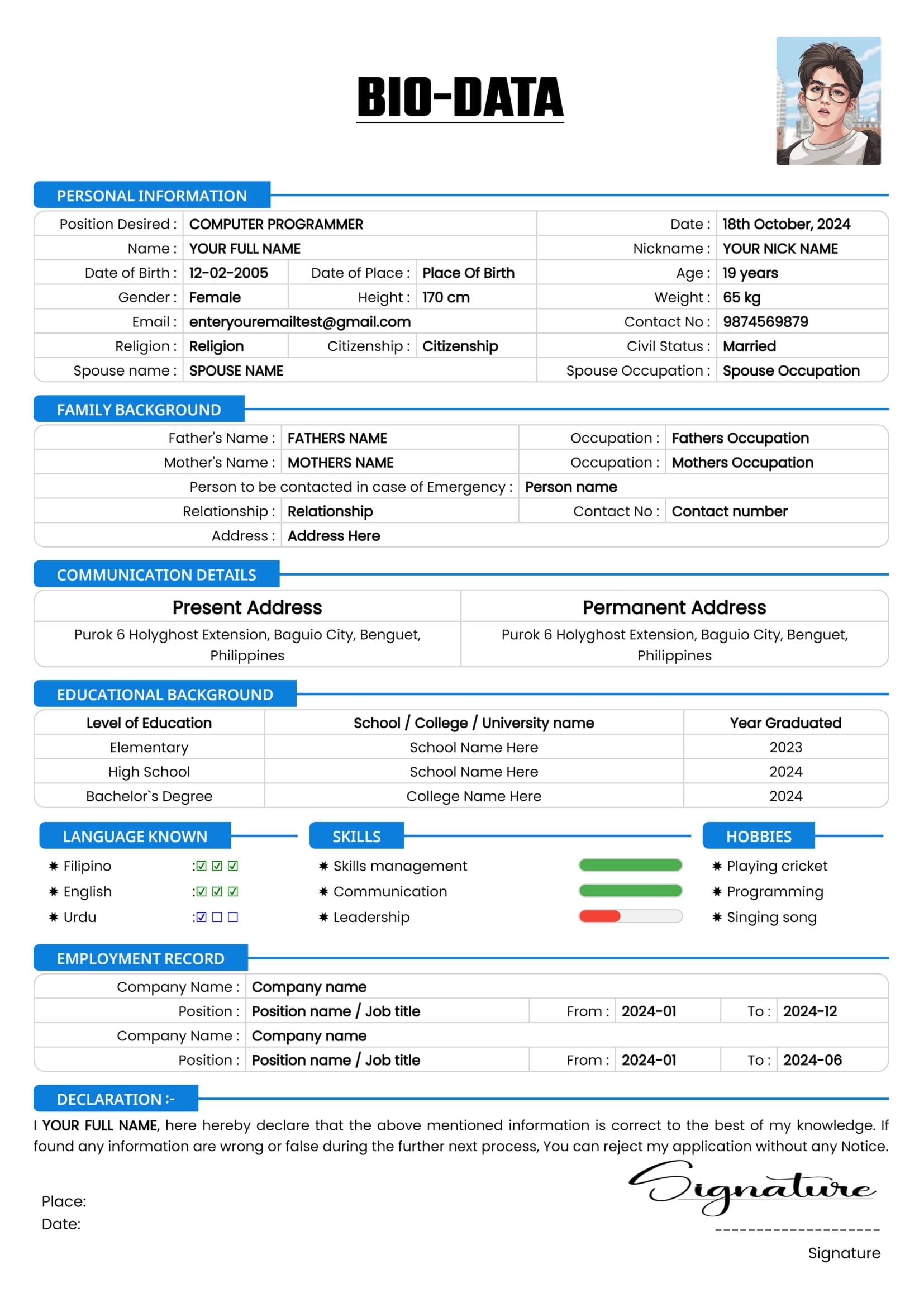 Biodata Form Example Of Sample Fill Up PDF Free Download Philippines