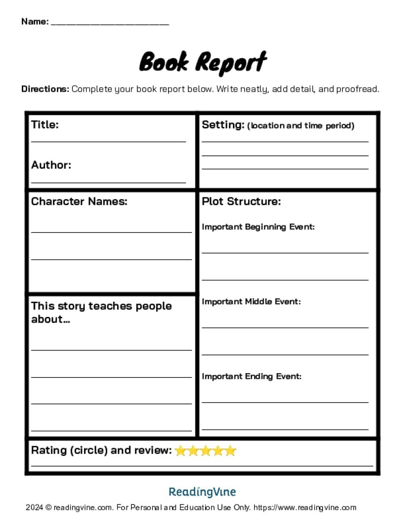 Book Report Templates For 2nd 8th Grade