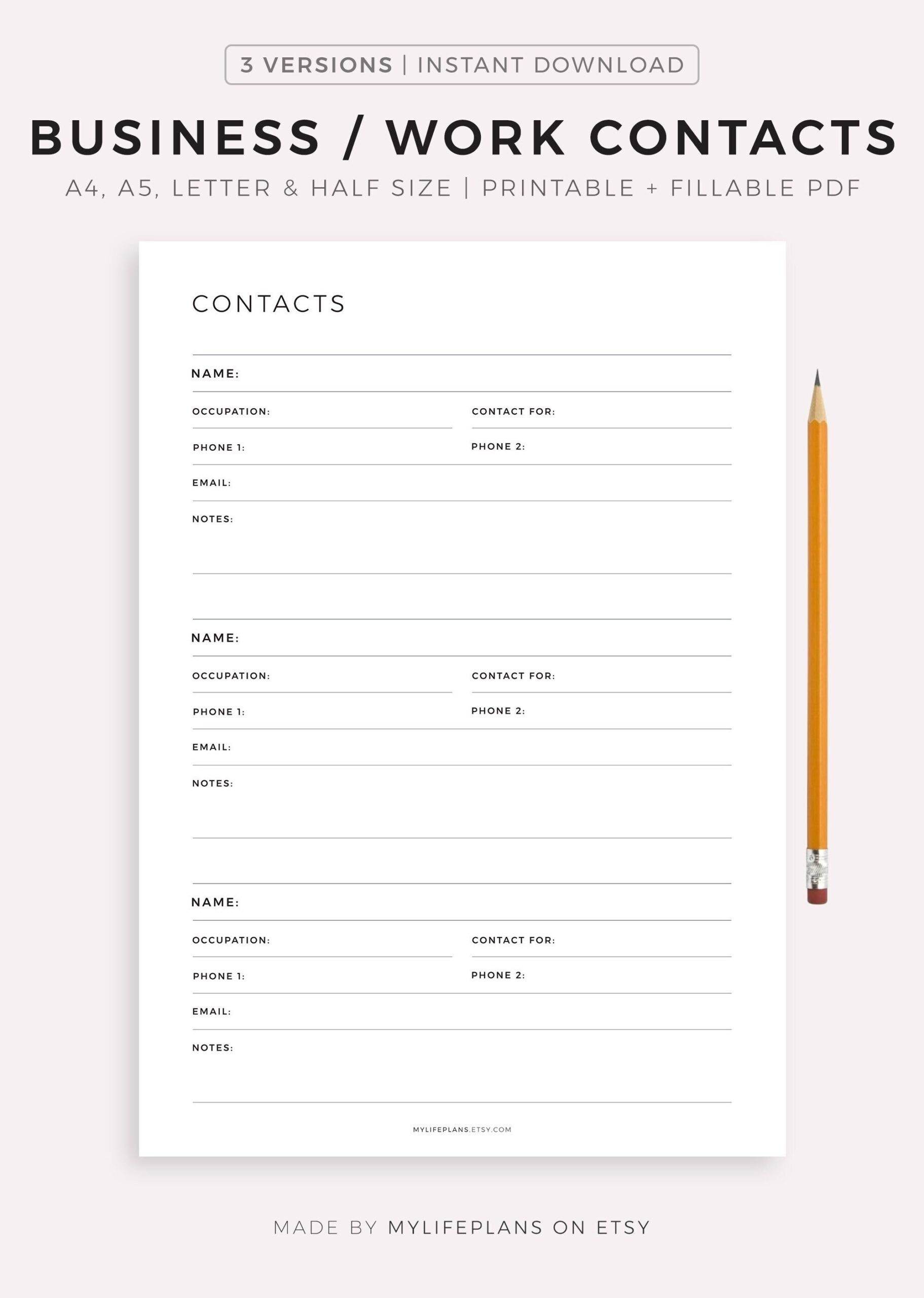 Business Work Contacts Printable U0026 Fillable Template PDF A4 a5 letter half Size Instant Download Etsy