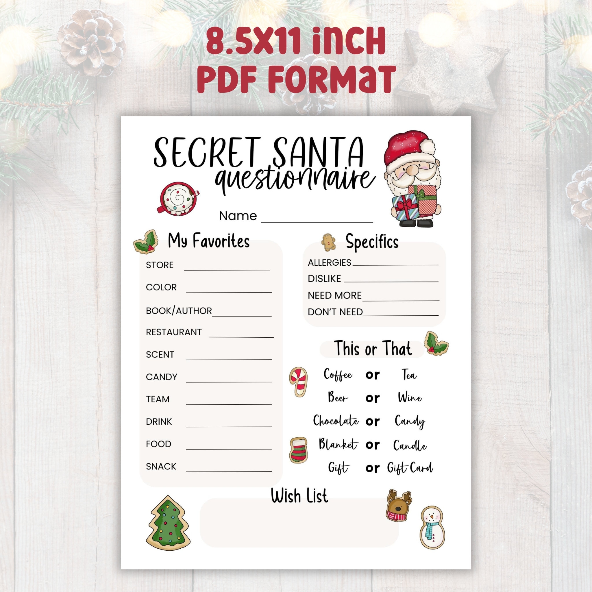 Buy Printable Secret Santa Questionnaire Christmas Holiday Gift Exchange Questions Form For Work Office Coworkers Neighbors Friends PDF Online In India Etsy