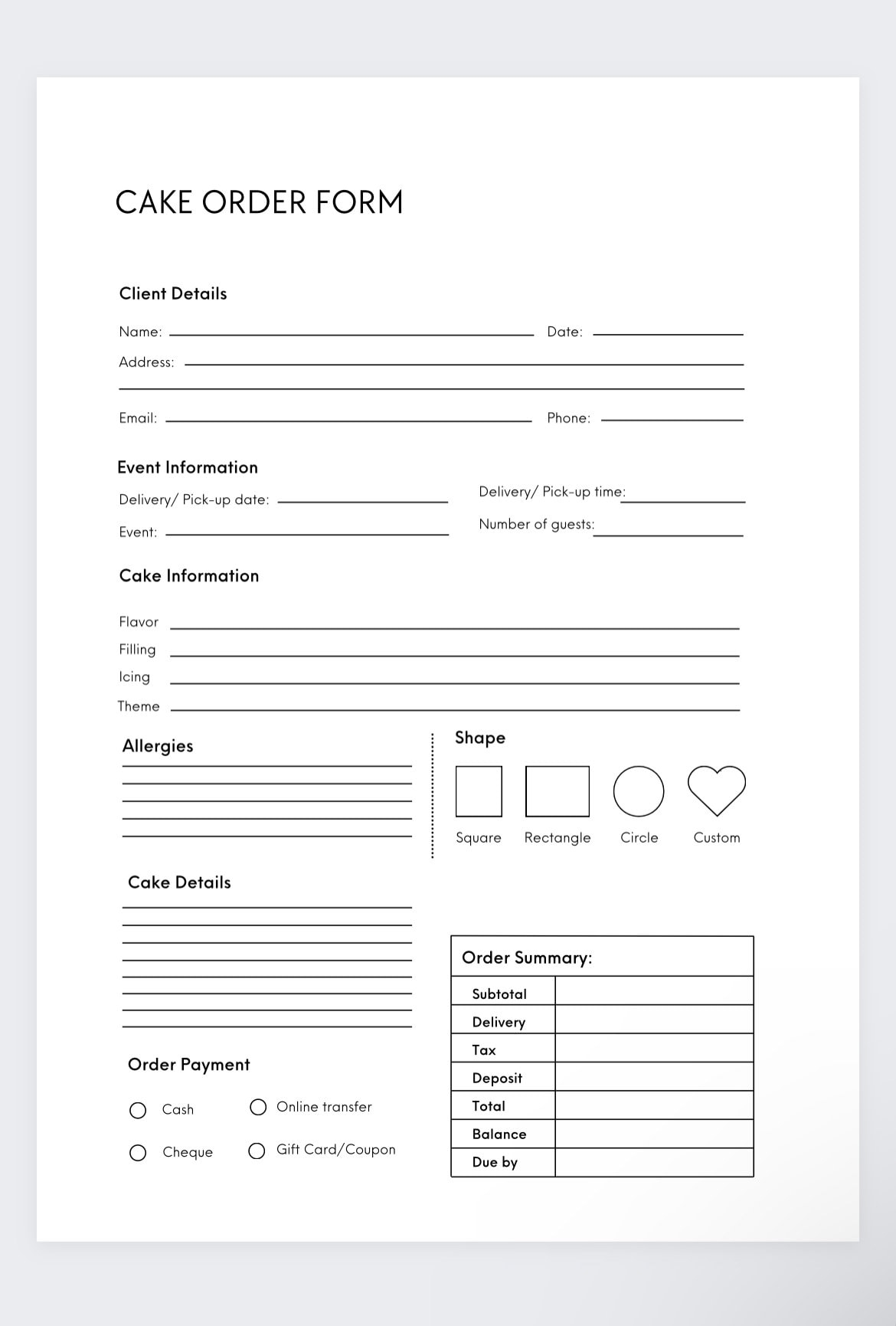Cake Order Form bakery Cake Order Form craft Order Form small Business Form custom Cake Order Form business Invoice purchase Order Form Etsy