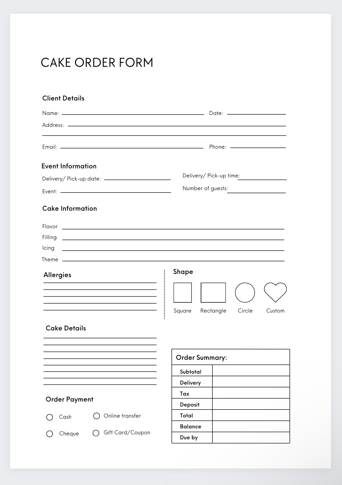 Cake Order Form bakery Cake Order Form craft Order Form small 