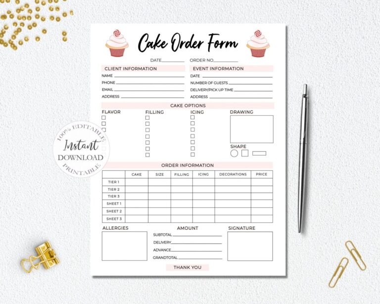 Cake Order Form Editable Bakery Order Forms Printable Small Business Templates Instant Download