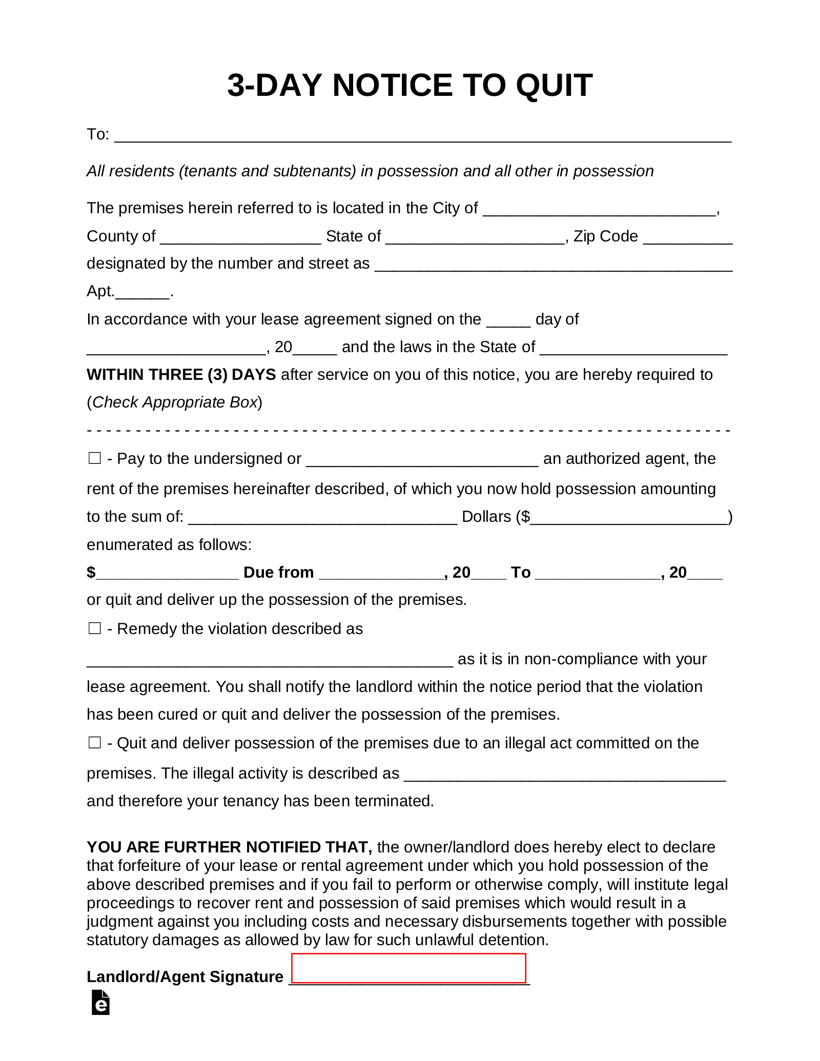 California Free Printable 3 Day Notice Form
