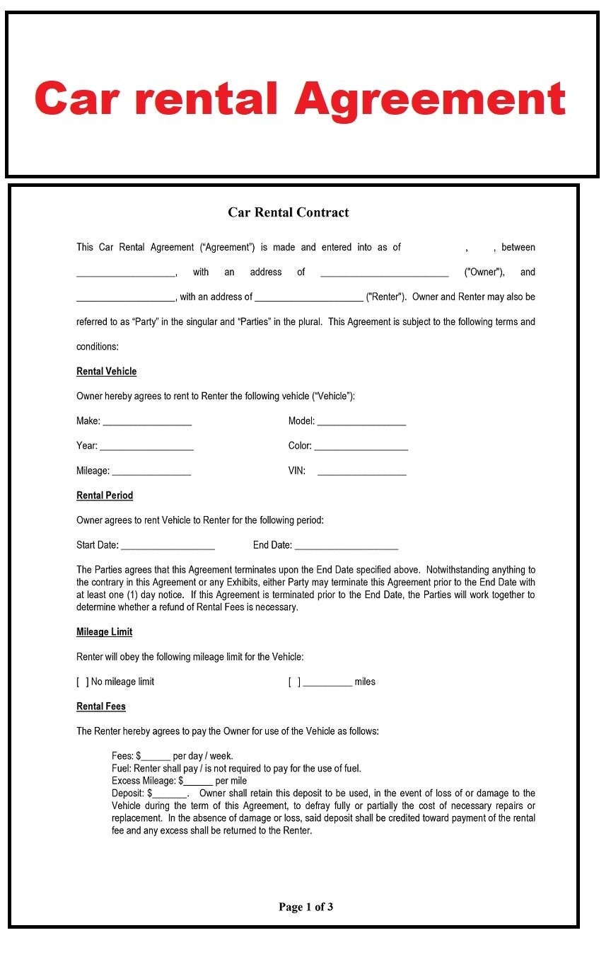 Printable Free Car Rental Agreement Form