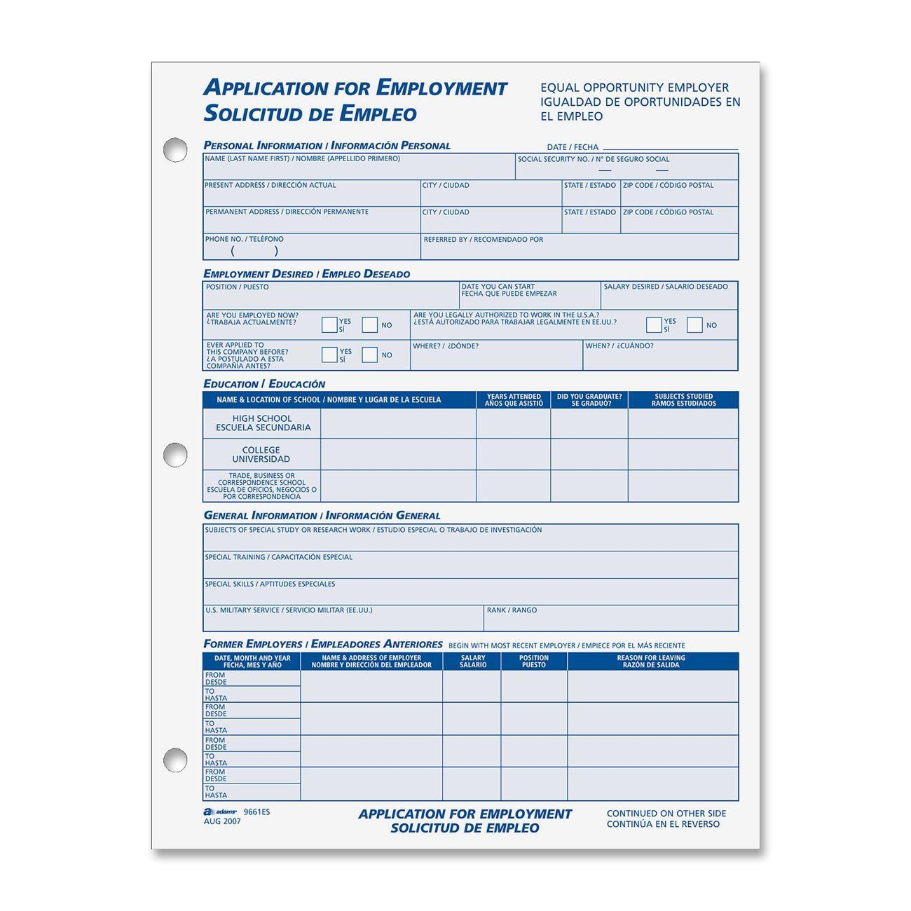 Cardinal Bilingual Employment Application Form OfficeSupply Worksheets Library