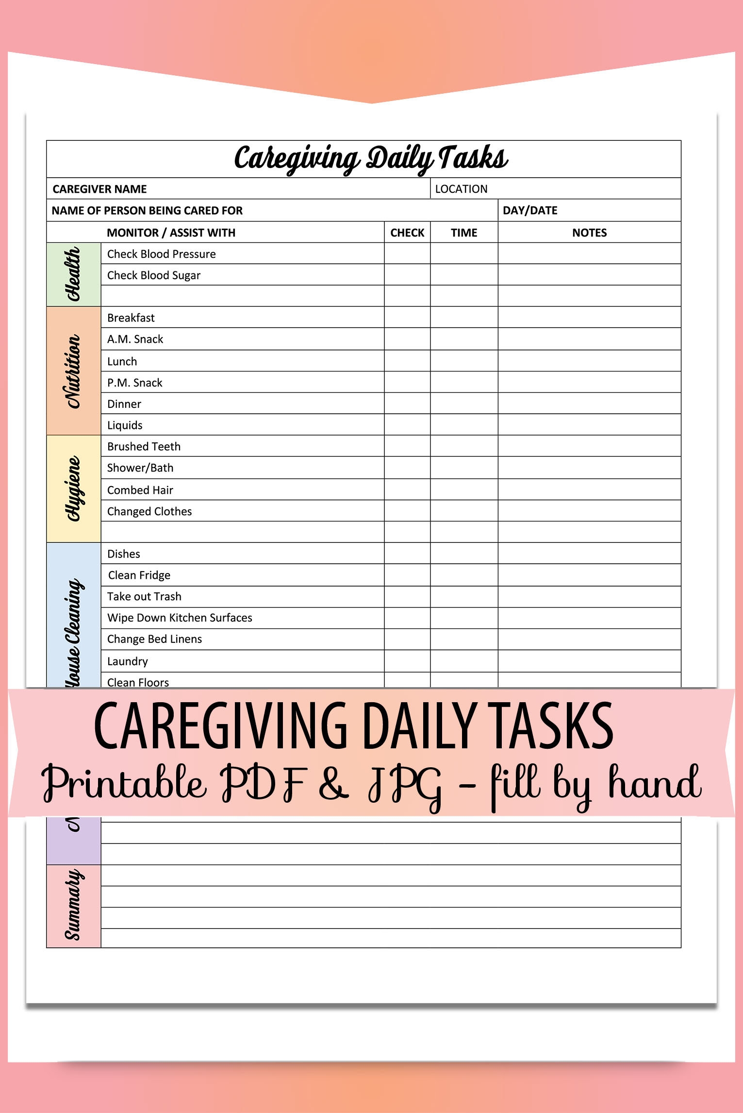 Care Giving Caregiver Daily Tasks Form Printable PDF U0026 JPG Fill 