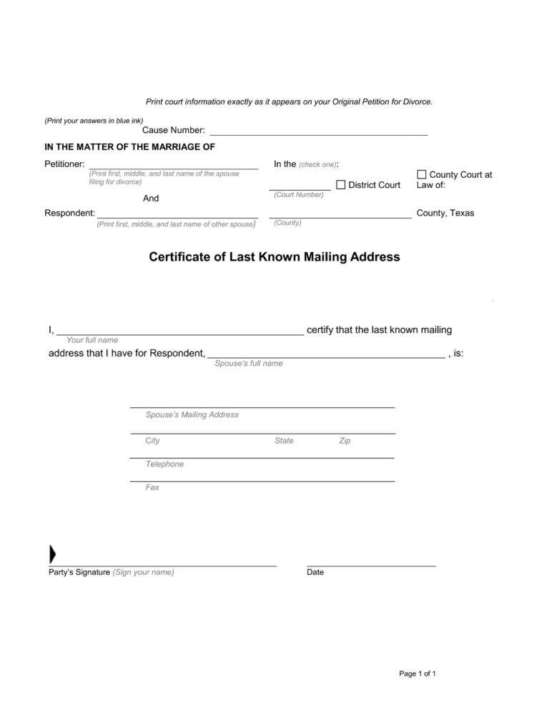 Certificate Of Last Known Address Download PDF Form