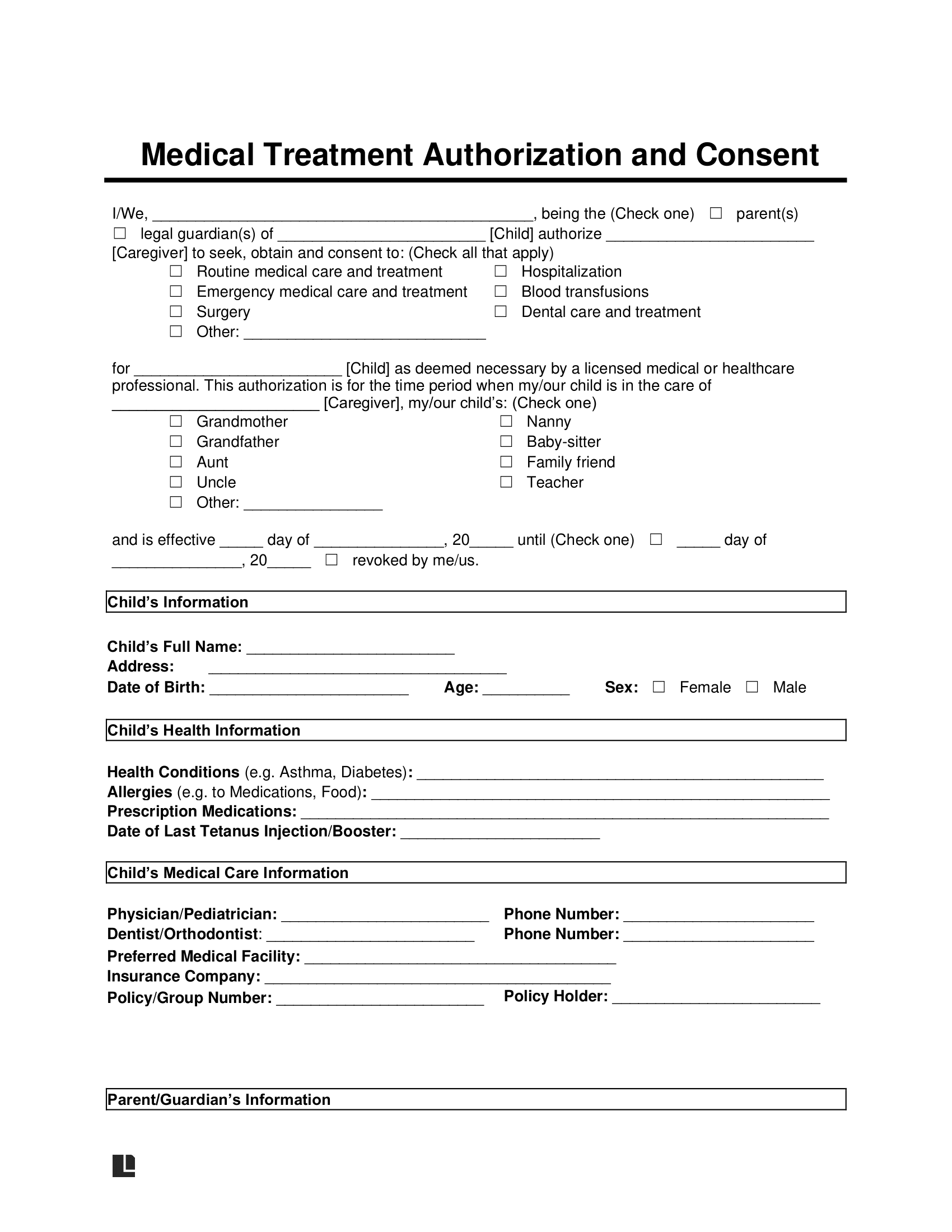 Free Printable Consent To Treat Form