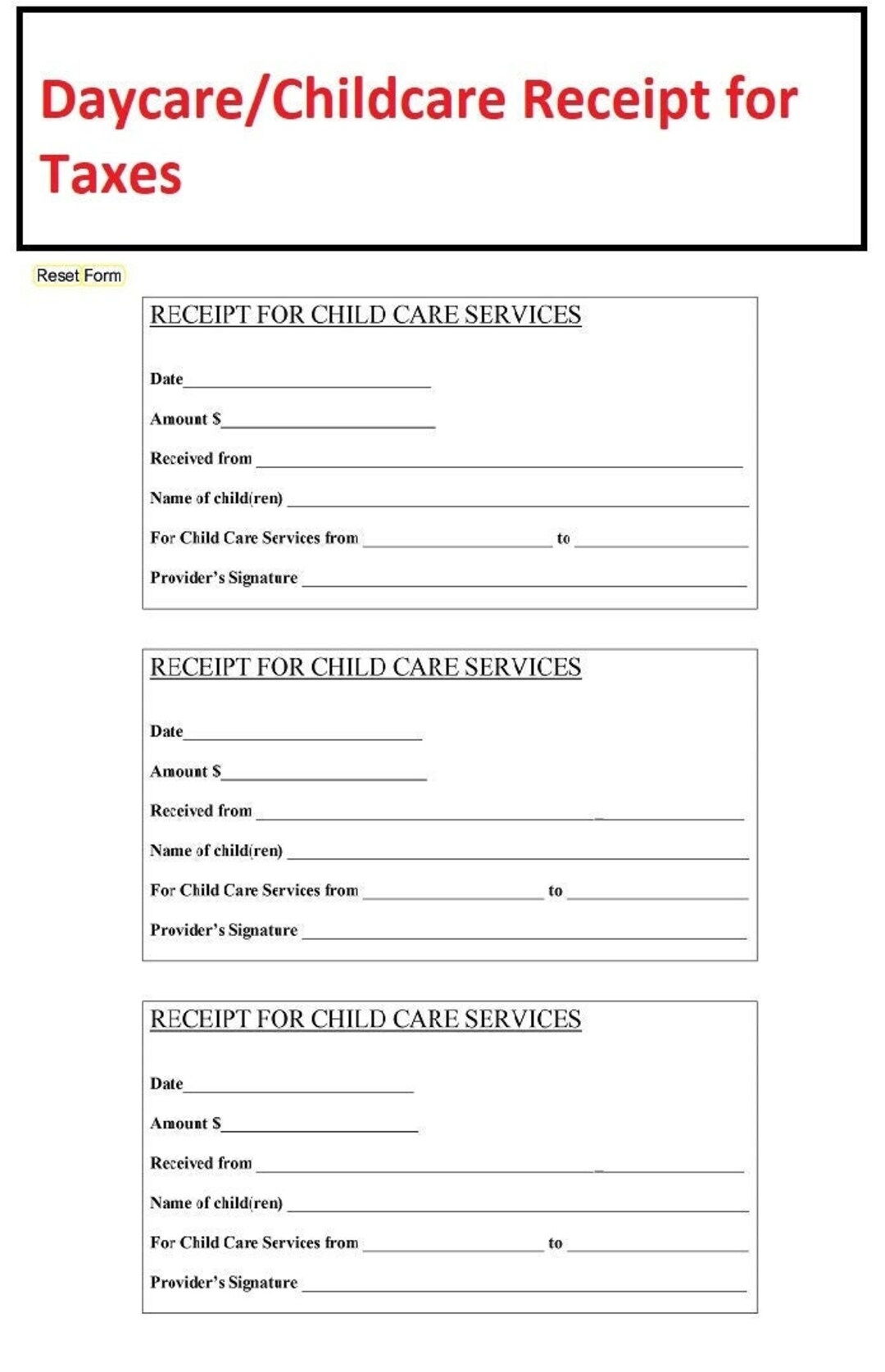 Childcare Receipts For Parents Taxes Daycare Receipts For Parents Taxes Fillable PDF Form Instant Download Etsy
