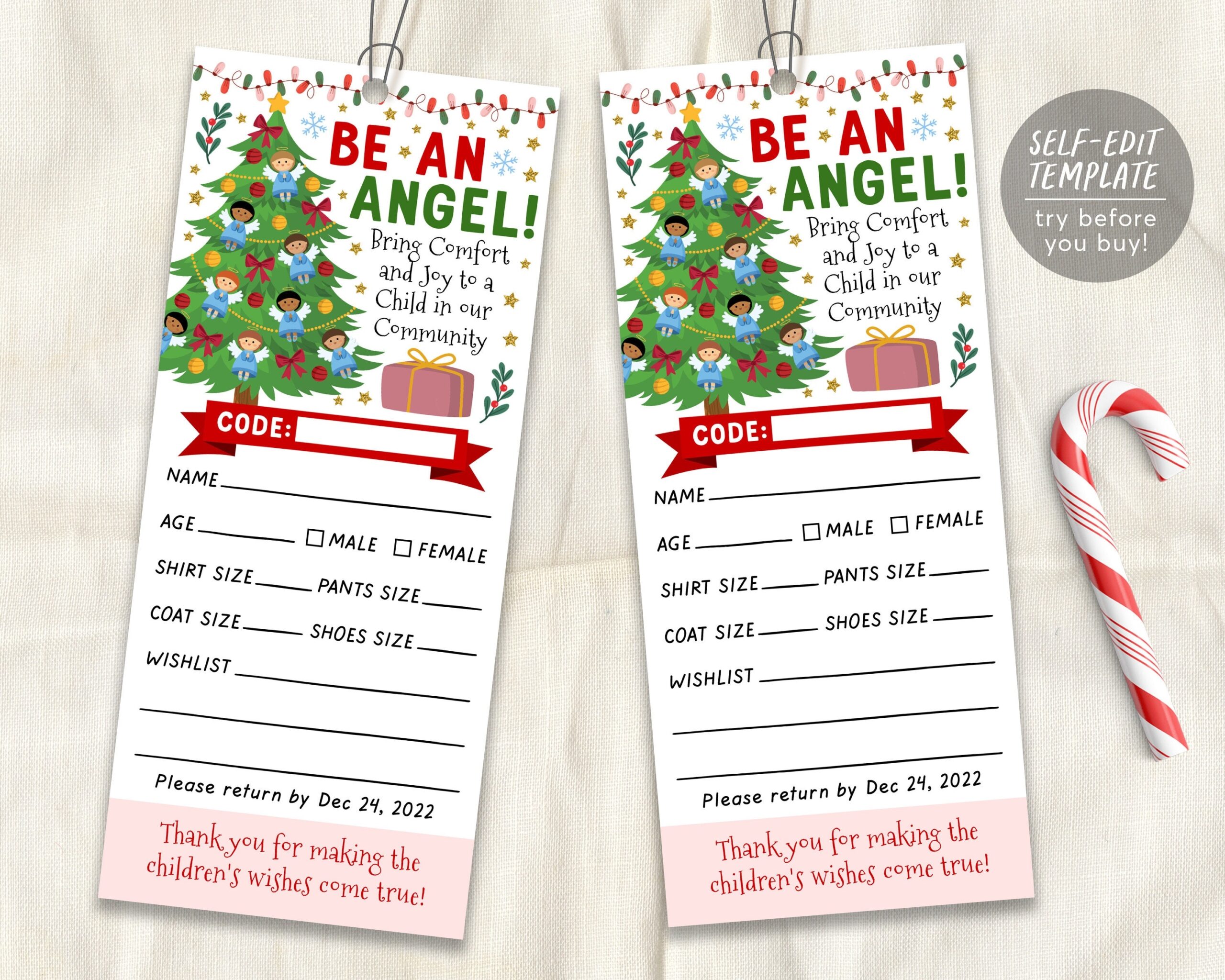 Christmas Giving Tree Gift Tag Editable Template Donation Slip With Angels Printable Charity Toy Drive Community Event Church School Etsy