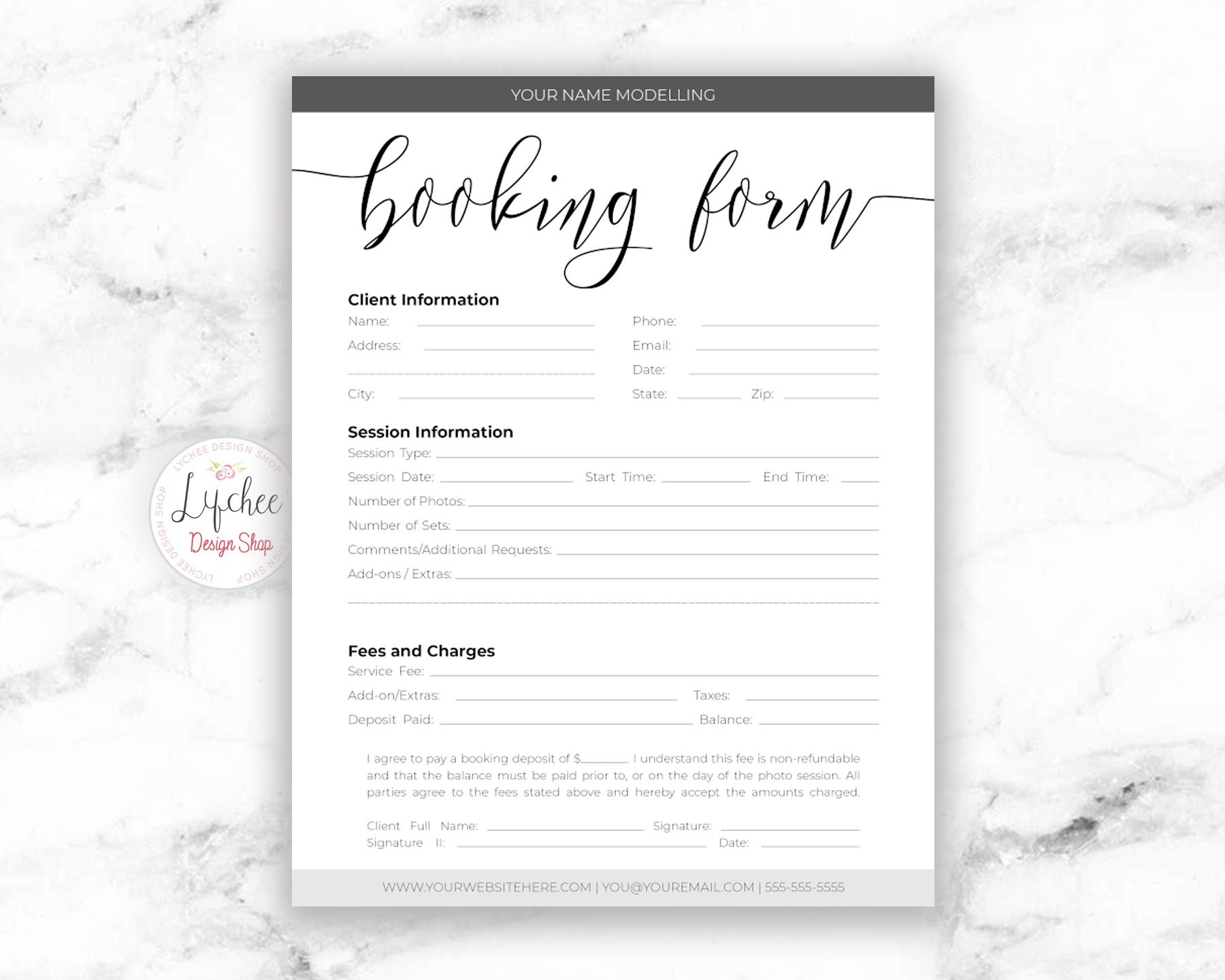 Client Booking Form Template For Models Script Font 8 5x11 
