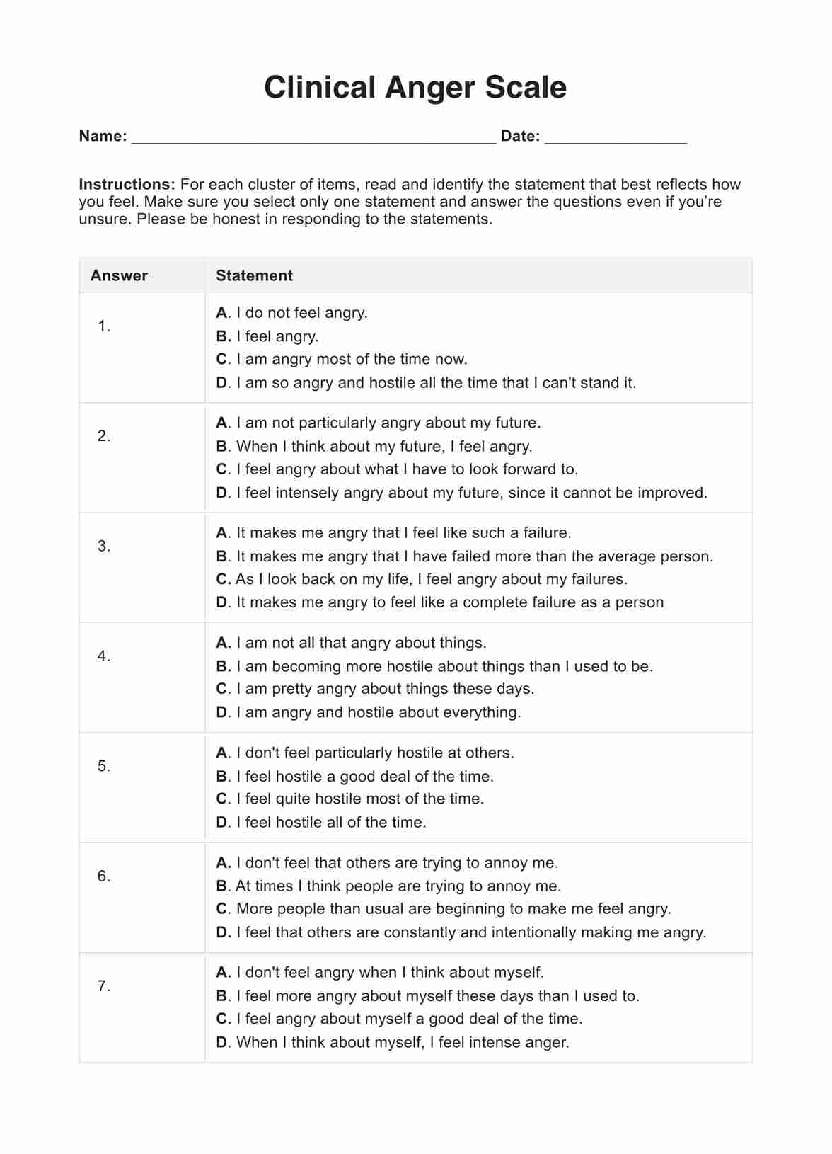 Clinical Anger Scale U0026 Example Free PDF Download