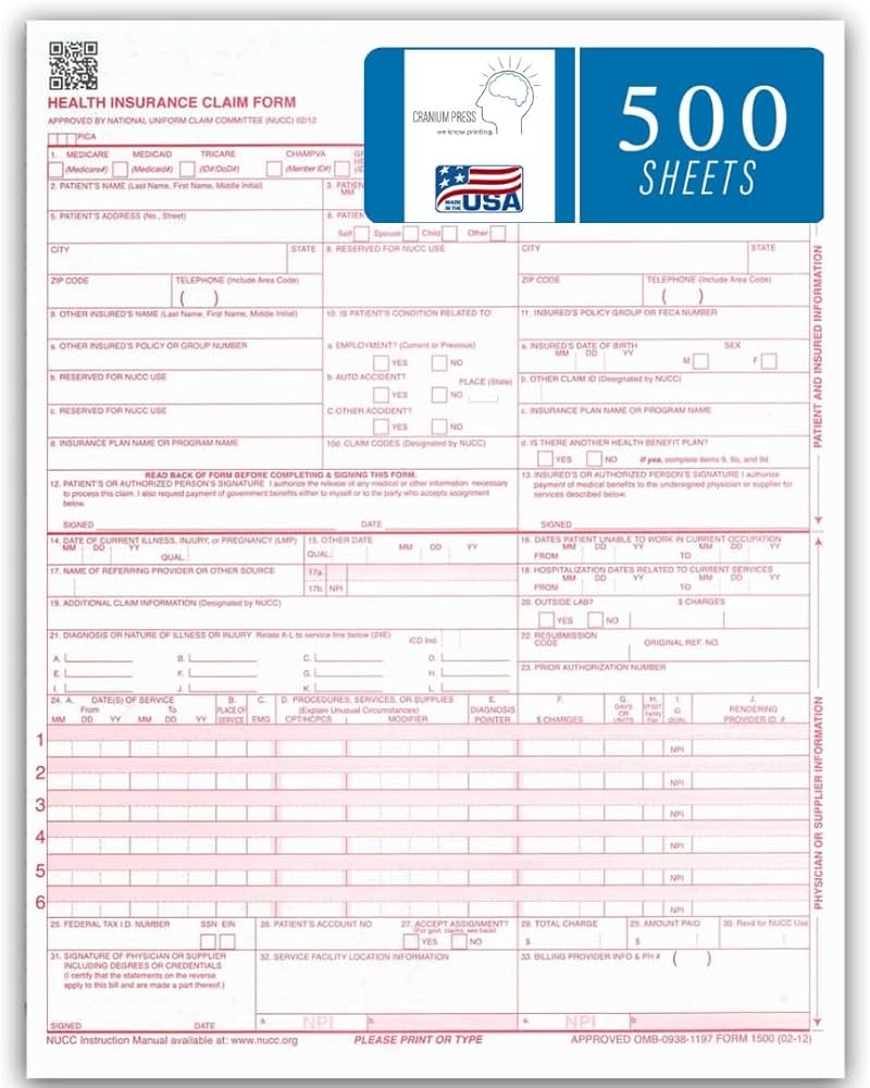 CMS 1500 Claim Forms 500 Sheets New Version HCFA 1500 02 2012 Revision Laser U0026 Inkjet Compatible Health Insurance Claim Forms For Accurate 