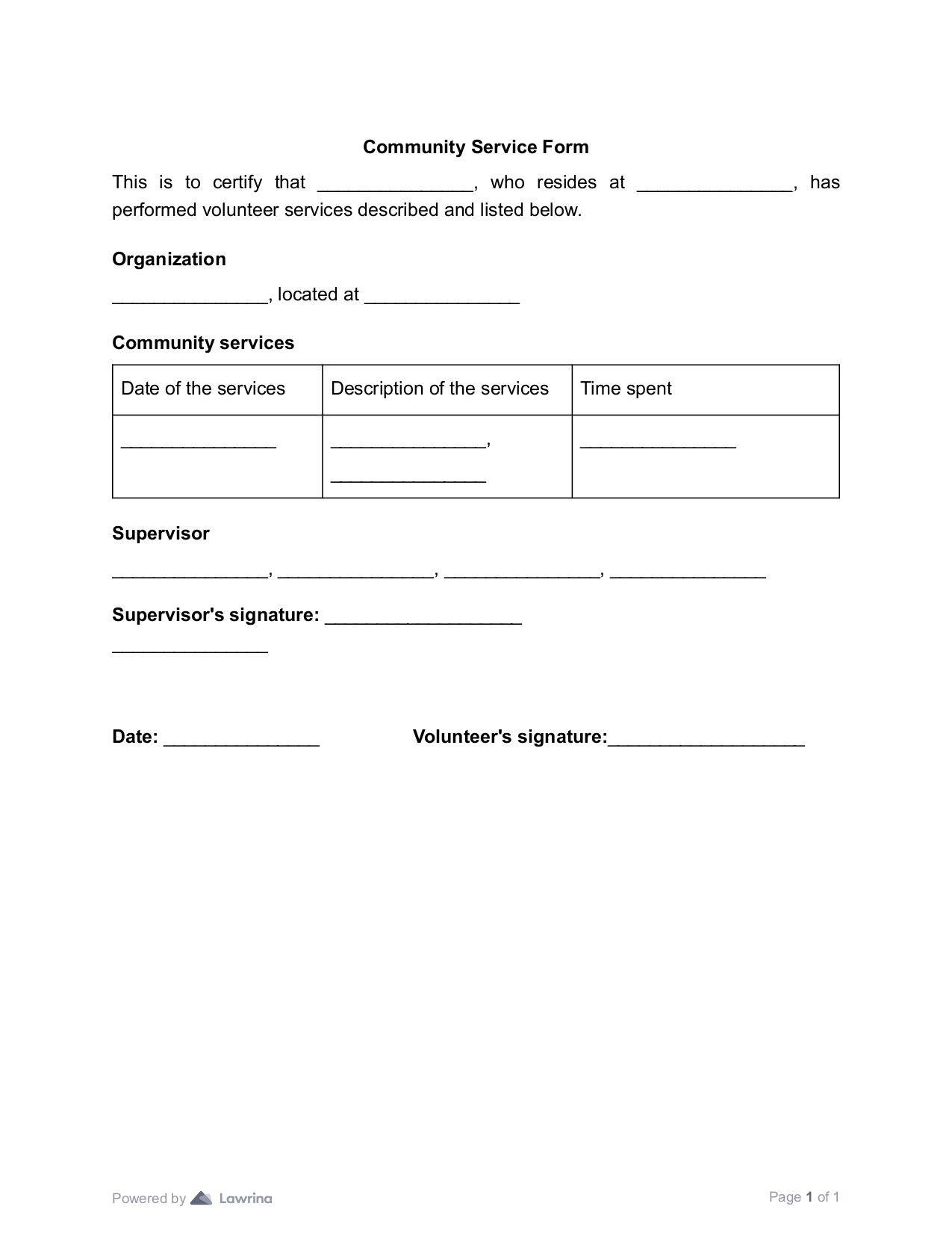 Community Service Form Template Printable Free