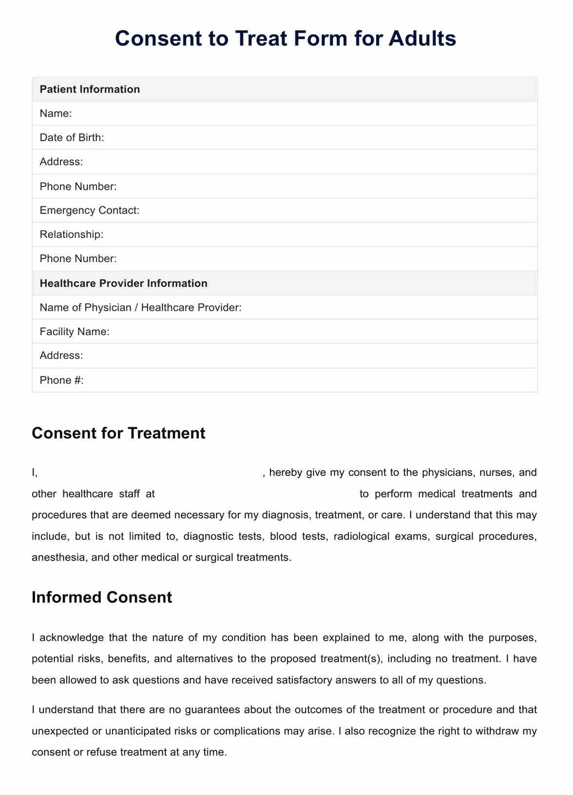 Consent To Treat Form For Adults U0026 Example Free PDF Download