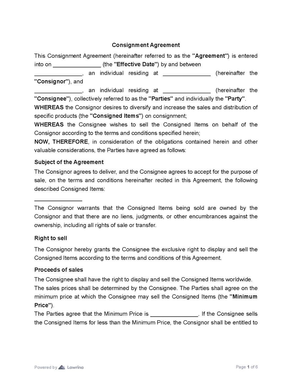 Consignment Agreement Template PDF Lawrina