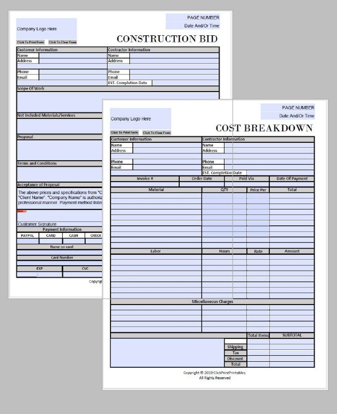 Construction Bid Project Form With Cost Breakdown Template Editable Downloadable Printable Small Business Fill In PDF black And White Etsy