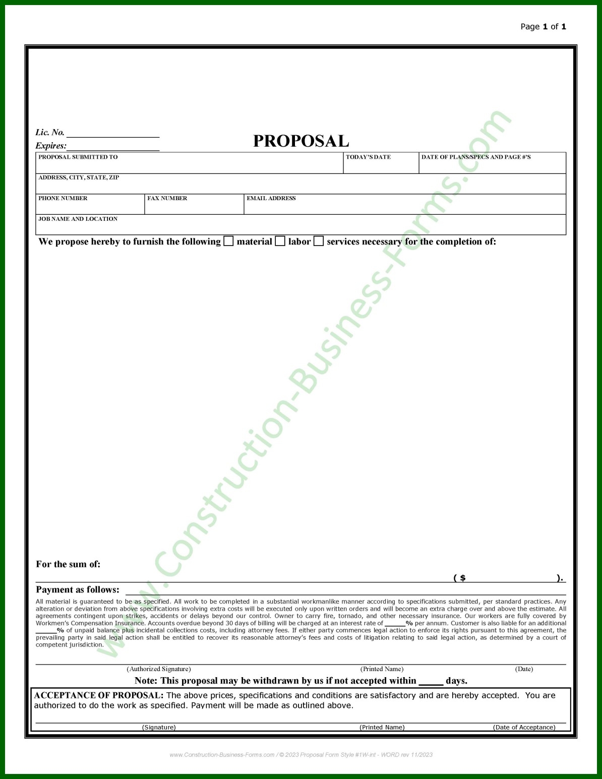 Construction Free Printable Contractor Bid Forms