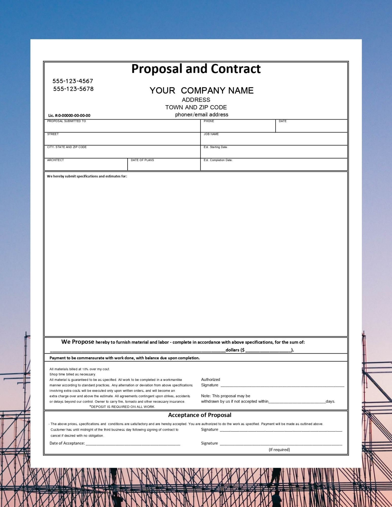 Contract Template Printable Proposal U0026 Contract Form Business 