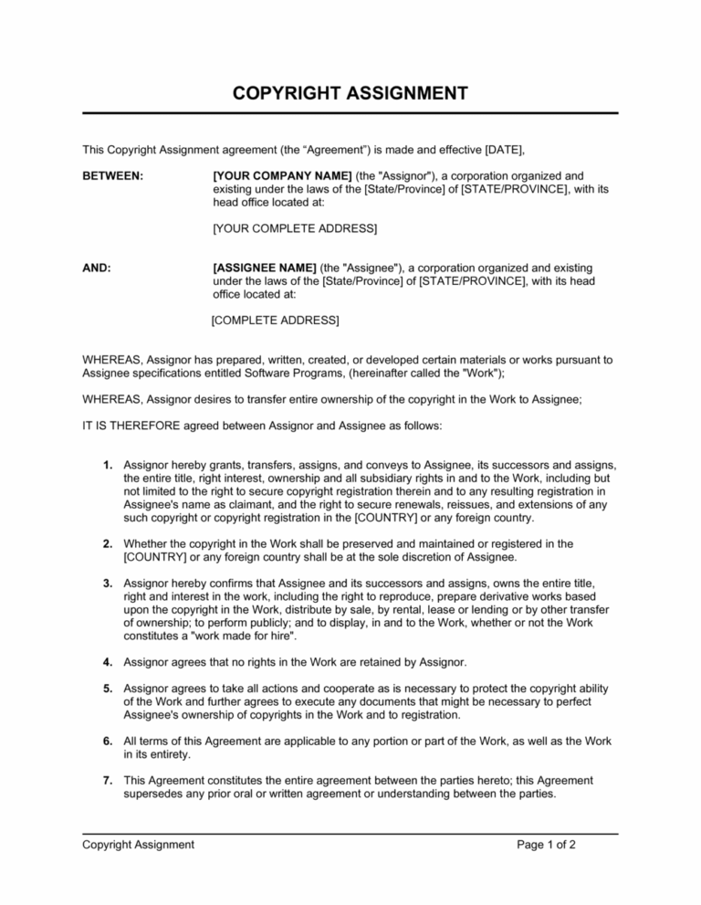 Copyright Assignment For Software Template